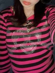 Womens Y2K Fairy Grunge Striped Long Sleeve T Shirt Gothic Skull Rhinestone Printed Round Neck Slim Fit Tee Shirts Crop Tops Fall E Girl Goth Emo Vintage Aesthetic Clothes Halloween Streetwear - 粉色 - 查看 3