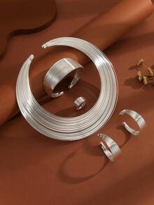 1 Bộ 5 chiếc vòng cổ cô dâu Nigeria, Vòng cổ hợp kim nhiều sợi, Bộ trang sức 4 món, Trang trí xuyên biên giới - Bạc - Xem 5