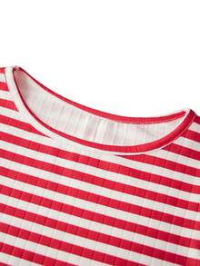 Women Y2K Striped Knit T Shirt Contrast ColorRound Neck Long Sleeve Slim Fit Ribbed Knitted Tee Shirts Pullover Tops Fall Spring Basic Layering Shirts Going Out Tops Casual Streetwear - Đỏ - Xem 8