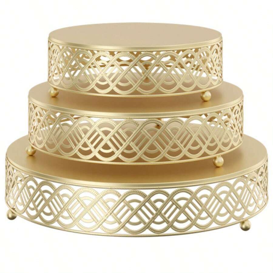 3pcss Golden 3-Tier Metal Cake Stand - Cake Stand Set Wedding, Dessert Table Decor, 3pcs Combination, Iron Art, Elegant And Decorative - Gold - View 1