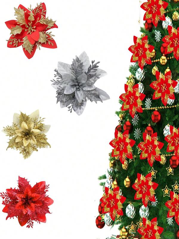 10 piezas de pétalos de flores brillantes decorativos, corona de flores de Nochebuena artificial, decoración de árbol de Navidad, adecuado para Navidad, Año Nuevo, boda, fiesta