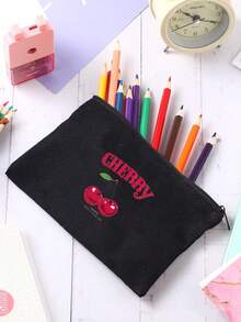 1pc Black & Beige Large Capacity Portable Makeup Bag, Bow, Bear, Cherry Blossom Print, Minimalist & Fashionable, Suitable For Daily Carry, Graduation, Wedding, Back To School, Birthday Gifts