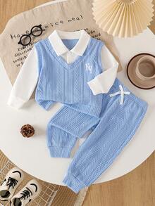 Baby Boys Knitted Jacquard Letter Embroidery Collar Mock Layer Top + Bow Decor Solid Color Casual Pants Set - Baby Blue - View 2