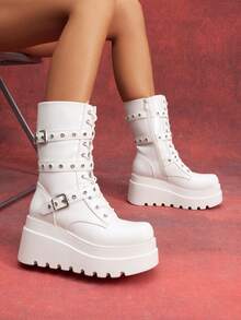 DREAM PAIRS Women's Platform Mid-Calf Boots Cyberpunk Combat Style Multiple Buckle Straps Round Toe Side Zipper Anti-Slip Thick Heel Outdoor Halloween Chunky Heel Party Music Festival Party WHITE Boots - 白色 - 查看 3