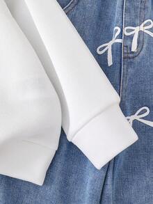 Toddler Bow Decor Warm Crew Neck Sweatshirt And Denim Pants Set - White - View 5