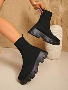 New Plus Size Women's Boots, Elastic Sock Boots, Casual High-Top, Breathable, Lightweight, Knitted Mid-Calf, Thick Sole, Outdoor, Vacation, Stitching, Solid Color, Comfortable, Daily, Non-Slip, Outdoor, Party, Polyurethane Sole, Soft, Not Heavy, Not Tiring, Outdoor - Black - View 1