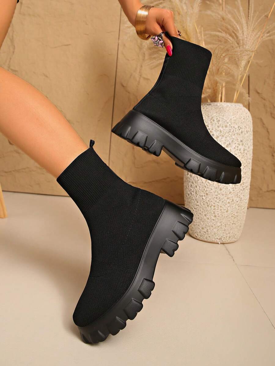 New Plus Size Women's Boots, Elastic Sock Boots, Casual High-Top, Breathable, Lightweight, Knitted Mid-Calf, Thick Sole, Outdoor, Vacation, Stitching, Solid Color, Comfortable, Daily, Non-Slip, Outdoor, Party, Polyurethane Sole, Soft, Not Heavy, Not Tiring, Outdoor - Black - View 1