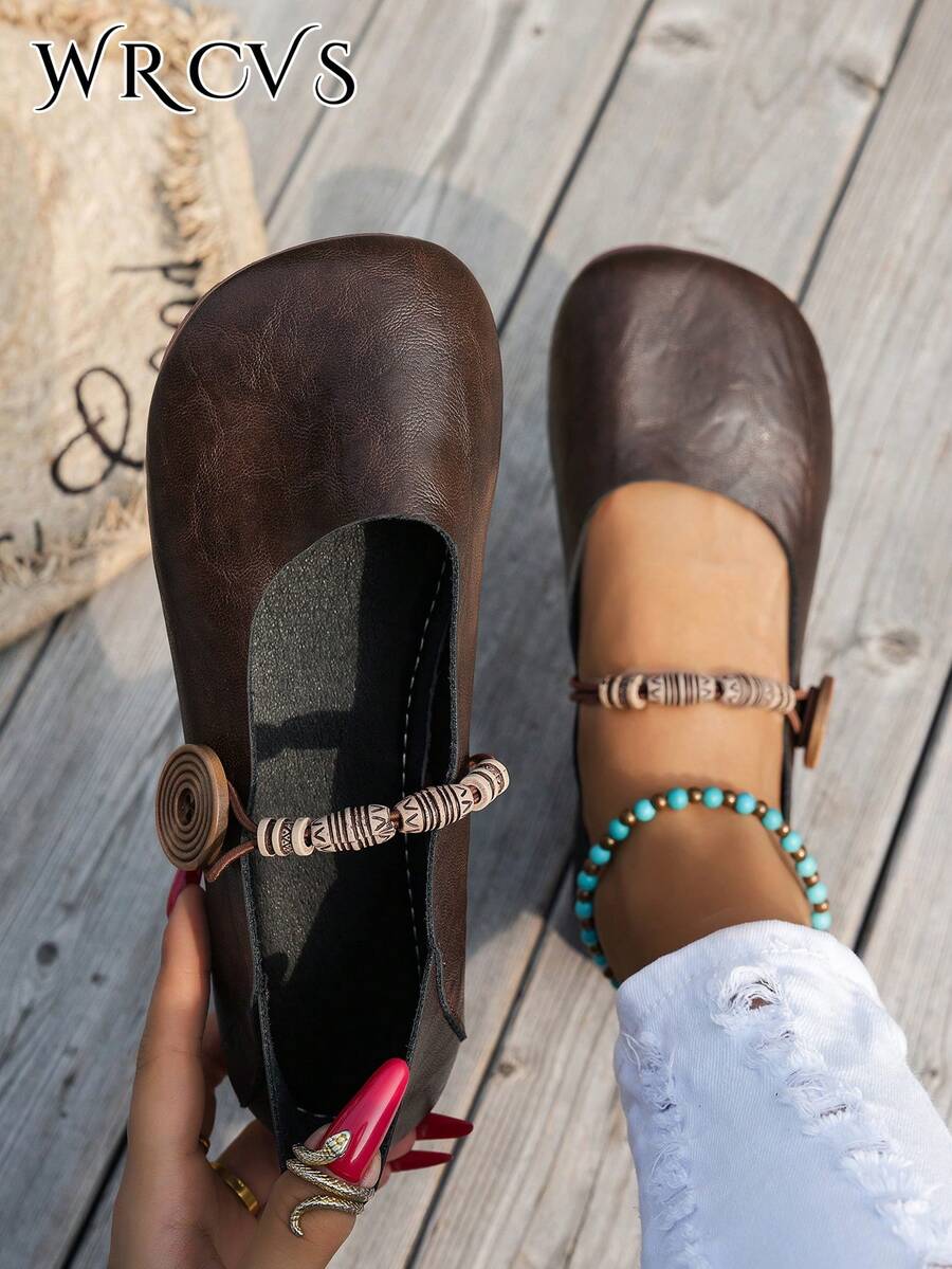 Fall/Winter Coffee Color Round Toe Flats, PU Leather Non-Slip Work Shoes, Ballet Flats, Simple Loafers, Retro Granny Shoes For Women - Coffee Brown - View 1