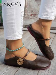 Fall/Winter Coffee Color Round Toe Flats, PU Leather Non-Slip Work Shoes, Ballet Flats, Simple Loafers, Retro Granny Shoes For Women - Coffee Brown - View 4