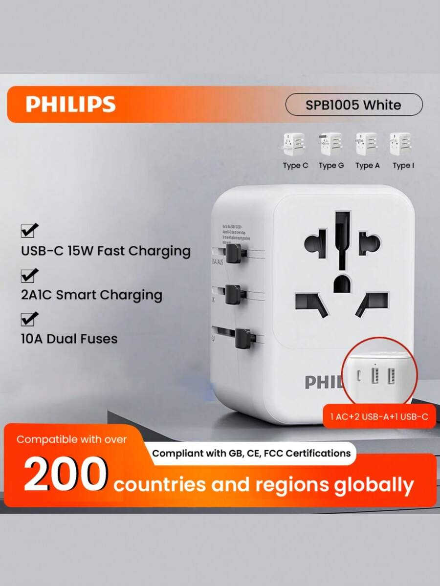 PHILIPS 1  Travel Adapter - Multi-Function Charger With International Conversion Plug, Essential For Business Travel, Compatible With US, Australia, UK, EU Sockets