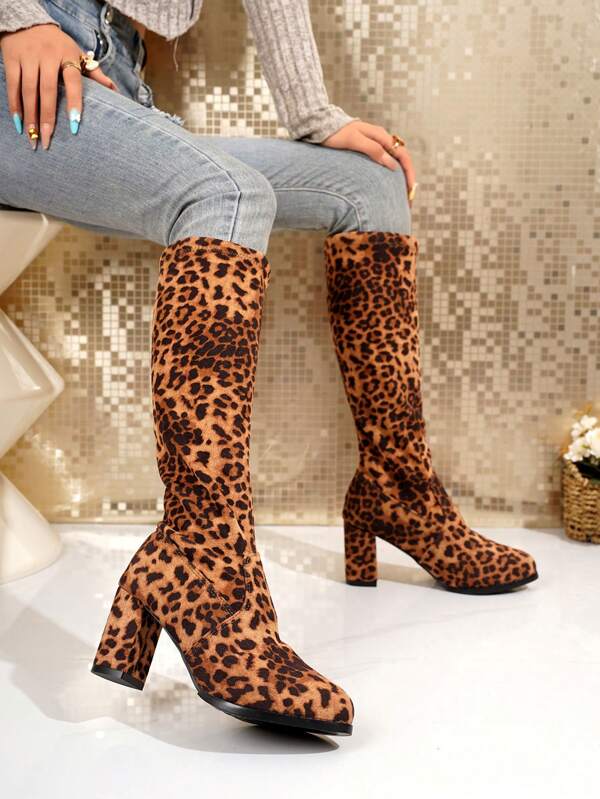 Girl's New Solid Color Elastic Boots, Thick Heel 7cm Round Toe Suede Elastic Boots, One-Step Slip-On, Plus Size 43, Fashion Versatile Casual Shoes