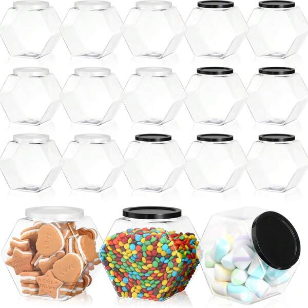 Tarro de plástico para dulces con tapa hexagonal, recipiente de plástico para galletas de 51 onzas, tarro de almacenamiento y exhibición de boca ancha transparente para galletas, dulces, aperitivos, estrellas de papel, comida para perros, que se puede usar como tarro de dulces de Halloween, para fiestas de Navidad