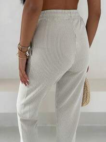 Vacation Casual Striped High Waist Tapered Pants - Cream - View 2