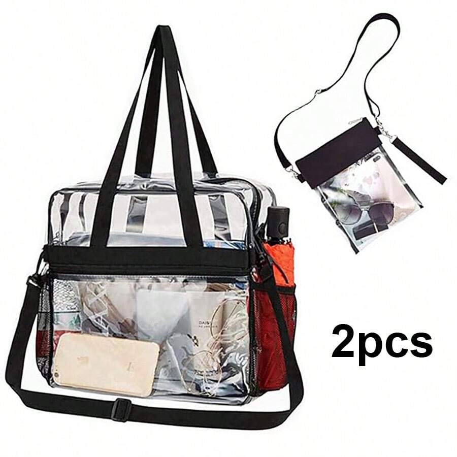 2pcs PVC Transparent Shoulder Bags, Waterproof Messenger Bags With Large And Small Adjustable Shoulder Straps, Combination Shoulder Bags For Stadium, Gym, Outing