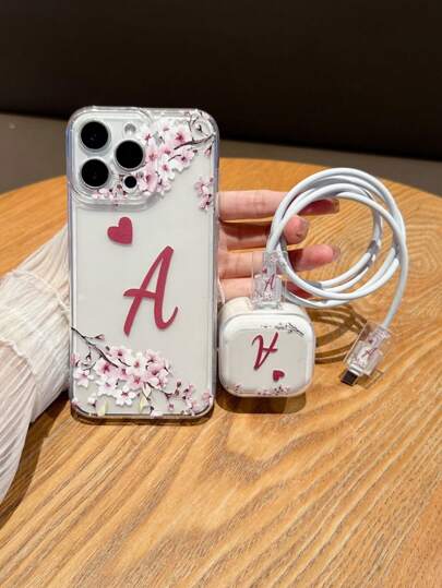 4pcs Set (1 Phone Case + 1 UK Plug Charger Protector + 2 Data Cable Protectors) UV Painted Letter A, Heart, Flower Pattern, Compatible With IPhone 17/17Pro/17ProMax/Air/16/16Pro/16ProMax/16Plus/7/8/7P/8P/X/XS/XR/XSMax/11/11Pro/11ProMax/12/12Pro/12ProMax/12Mini/13/13Pro/13ProMax/14/14Pro/14Plus/14ProMax/15/15Pro/15Plus/15ProMax