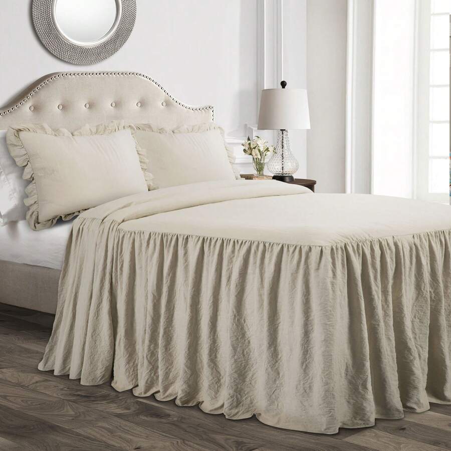 Lush Decor Ruffle Skirt Bedspread 3 Piece Set, Queen, Navy - Blue Queen Bedding - Ruffled Bedspread - Vintage Farmhouse Decor Halloween-Fall Decor-Room Decor - Netral - View 1