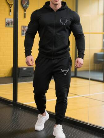 Men's Sports Fitness Simple Print Suit 2 Pieces Set, Autumn And Winter,Men's Black Zipper Hooded Cardigan + Leggings, Bull Pattern Sports Suit, Fitness Daily Wear