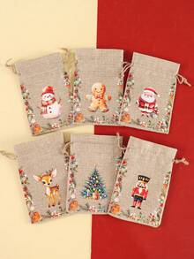 6 pezzi Borse regalo in juta con motivi natalizi ad acquerello, con laccetti, con disegni misti di Babbo Natale, Schiaccianoci e soldato, borse in lino riutilizzabili per feste, ideali per confezioni regalo, baby shower, decorazioni natalizie per la casa 2025, borse multiuso per regali Capodanno 2026