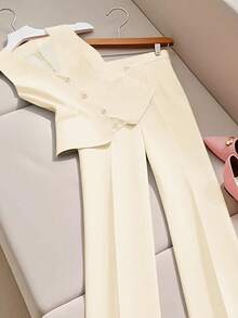 2件/1套女士纯色单排扣背心和西裤优雅商务套装