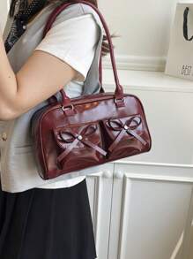 1个复古简约拉链手提包，带口袋，双提手，适合女士日常休闲及通勤使用。 - 紅色 - 查看 4