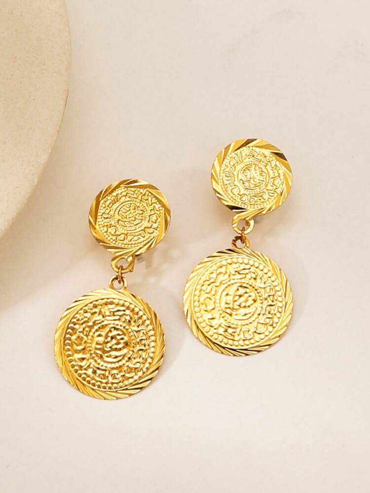 2件套复古金币流苏耳环，圆形纹理，铜质首饰，适合女性日常、派对、宴会等场合佩戴，阿拉伯风格配饰 - 金黃色 - 查看 5
