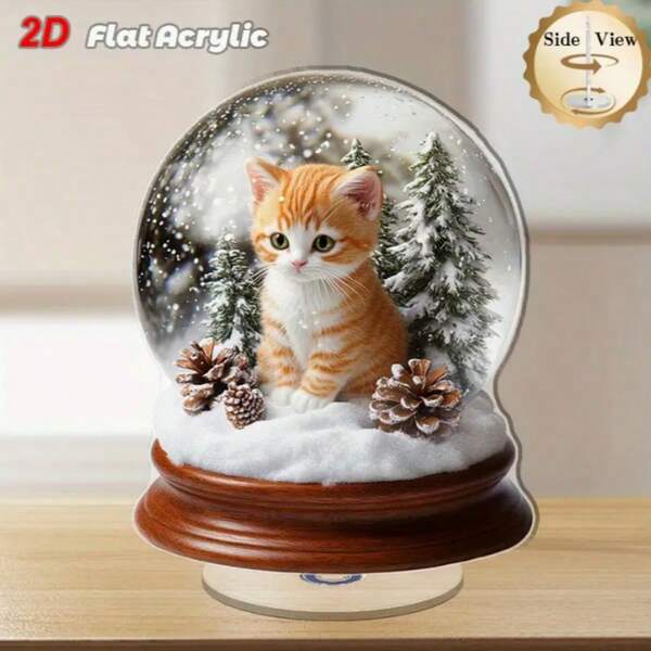 1个/2个/3个旋转亚克力雪球桌面摆件，包含虎斑猫、松果和雪花，无需电池，适合温馨的室内/室外家居艺术装饰、圣诞装饰、2D家居装饰、房间装饰