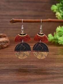 1 对 多层几何拼布波西米亚风软木感觉叶图腾耳环 女士