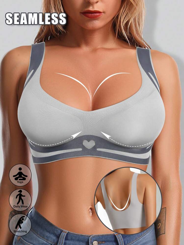 女士聚拢文胸无钢圈文胸女士柔软支撑内衣舒适无缝运动内衣性感条纹可拆卸垫内衣 - 藍色 - 查看 5