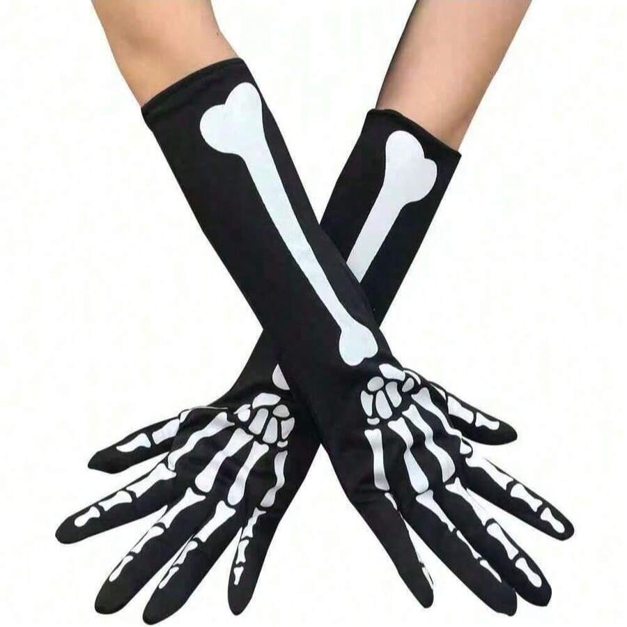 Halloween Skeleton Long Gloves, Horror Performance Bar Party Costume Prop Bone Gloves