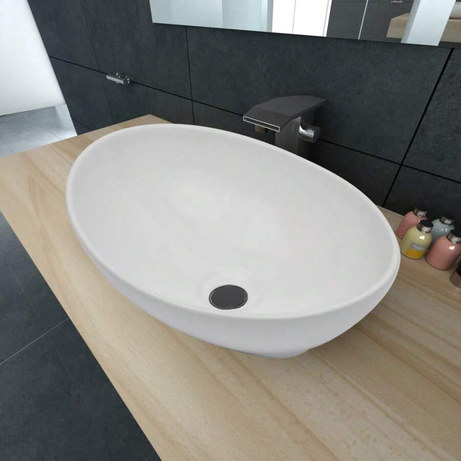 Joinmee Vasque à poser ovale blanche 40x33 cm, lavabo en céramique brillant pour salle de bain, lave-mains moderne au-dessus du comptoir - Blanc - Voir 1