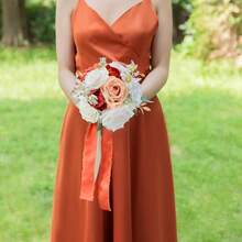 Dusty Blue Wedding Bouquets For Bride Bridesmaid, White Wedding Artificial Roses Flowers For Wedding Bouquets Ceremony, Anniversary - Burnt Orange - View 3