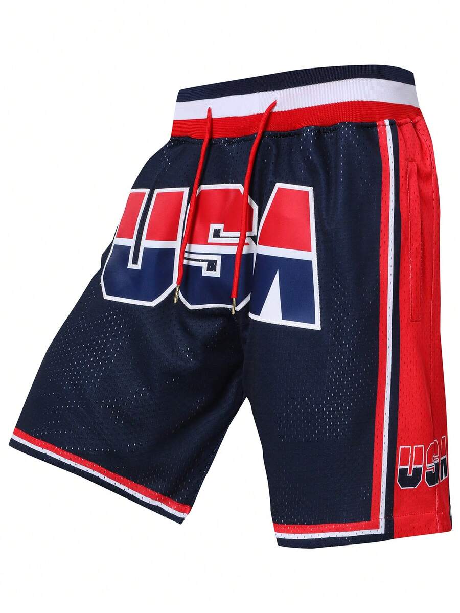 Atonmore Men's Basketball Pants USA Blue Retro Mesh Embroidered Zipper Pocket Casual Sports Shorts - Màu xanh lam - Xem 1