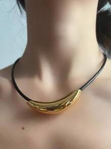 1 件水滴流苏皮革羽毛几何简约金属金色项链，适合女士，适合宴会、派对、正式场合、日常服装配饰