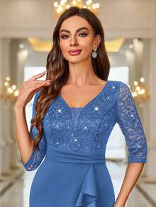 MIUSOL Đầm dự tiệc cocktail ôm sát người, cổ chữ V sâu, đính sequin, ren hoa và xếp nếp, thích hợp cho đám cưới mùa xuân. - Màu xanh lam - Xem 9