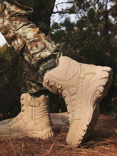 Men's Outdoor Hiking Boots, High-Quality Breathable Training Boots, Desert Hiking Boots, Men's Anti-Slip Lace-Up Thick-Sole Military Boots, Khaki Hiking Trekking Travel Camping Work Boots