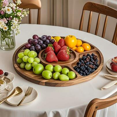1pc Wooden Tray, Serving Platter, Cheese Board, 2/3/4/5 Compartment Food Tray, Round Barbecue Plate, Can Hold Meat, Cheese, Nuts And Fruits, Multi-Functional Fruit Tray, Creative Appetizer Snack Tray, Home Dessert Plate, Reusable Fruit Tray, Kitchen Decor, Kitchen Supplies, Wedding Candy Storage Tray