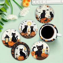 1 set/4 pezzi/6 pezzi Sottobicchieri in fango di diatomee con motivo di gatti neri e zucche di Ognissanti, sottobicchieri per caffè, decorazioni per casa e ristorante per occasioni varie, regali quotidiani, decorazioni per tavolo, decorazioni quotidiane, decorazioni per feste a tema - Multicolore - Visualizzare 2