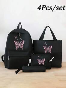 Conjunto de mochilas escolares simples e funcionais com estampa de borboleta Y2K, 4 peças, mochila da moda, bolsa de ombro de grande capacidade, bolsa para lápis portátil, porta-moedas, estilo universitário Y2K, estilo casual, adequado para adolescentes, estudantes do ensino fundamental e médio, faculdade e ensino médio, perfeito para atividades ao ar livre, viagens e volta às aulas, material escolar para a volta às aulas, mochila escolar para meninas - Preto - Ver 7