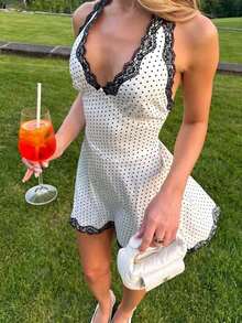 女式波尔卡圆点撞色蕾丝边休闲度假优雅性感连衣裙 - 黑與白 - 查看 2