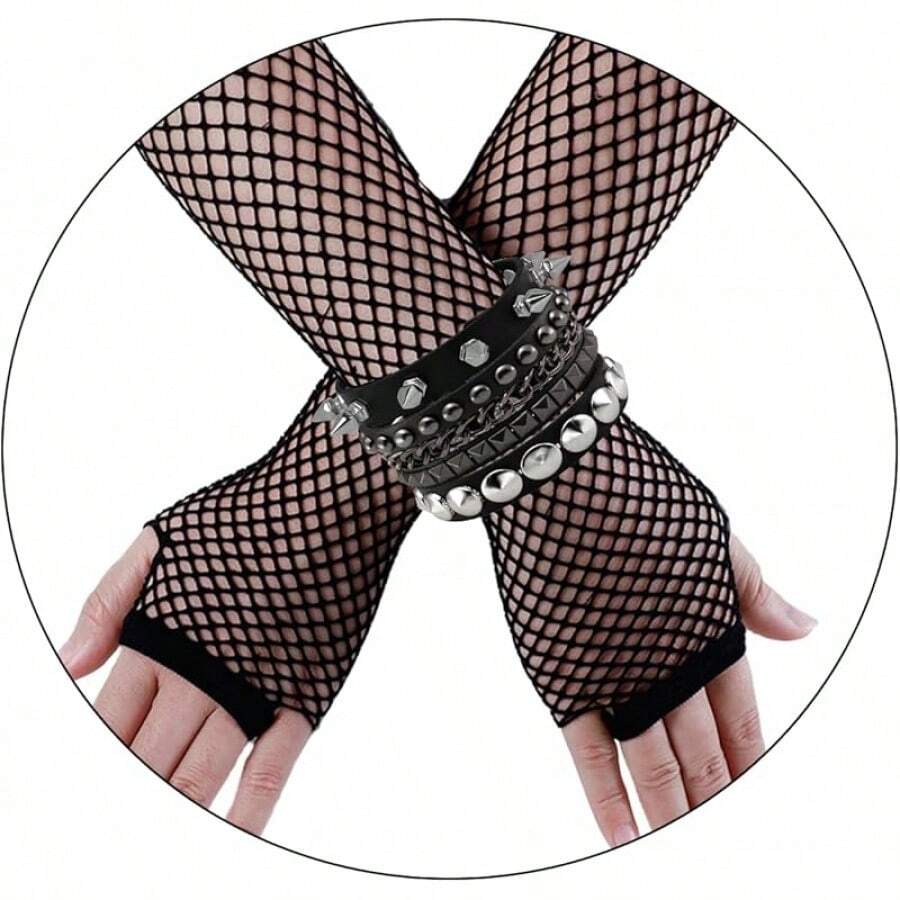 Eigso 3 Pcs Leather Punk Bracelets Men Women Of Rock Rivet Wrap Retro Spike Bracelet Adjustable - 黑-7 - 查看 1