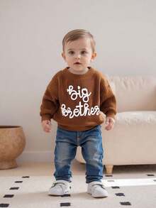 Toddler Boys Knitted Jumper Big Bro Letter Embroidery Round Neck Pullover Sweater Baby Warm Knit Tops Pullover Knitwear - 棕色栗黃 - 查看 7