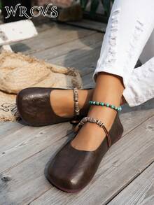 Fall/Winter Coffee Color Round Toe Flats, PU Leather Non-Slip Work Shoes, Ballet Flats, Simple Loafers, Retro Granny Shoes For Women - Coffee Brown - View 2