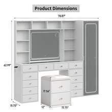 Yanosaku Vanity Desk With Full-Length & LED Mirror, 14 Drawers, 10 Shelves, Hidden Storage, Power Outlet, Dimmable 3-Color Lighting, White Makeup Vanity For Bedroom - 查看 2