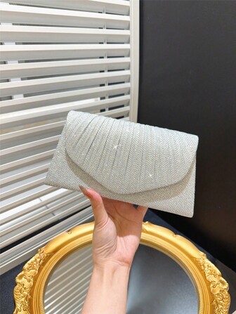 Women's Classic Elegant Pleated Design Flap Clutch Bag, Formal Party Bag, Romantic Wedding Bride Purse, Ballroom Evening Bag, Envelope Bag, Formal Dress Handbag With Chain