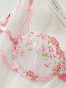 1set Women Floral Embroidery Mesh Lingerie Set, Rave - Pink - View 2