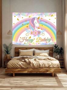 1pc Rainbow Unicorn Birthday Polyester Banner 100x150cm | Waterproof Background Cloth For Unicorn Theme Party Decor | Indoor Outdoor Fence Hanging Fabric | Wall Decor Cake Table Backdrop - Pink - View 7