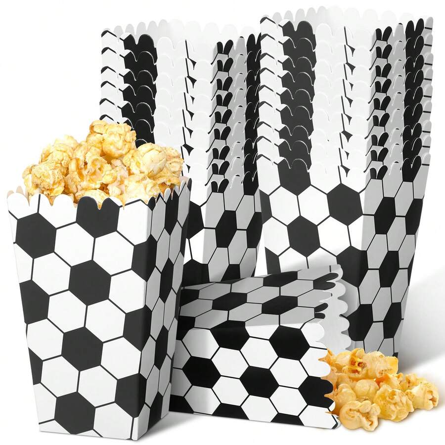 6pcs Black & White Football Pattern Food Boxes, Popcorn Containers For Events, Parties, Celebrations - Black and White - View 1