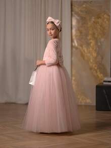 Vestido elegante de terciopelo rosa con lazo y cisne para niña preadolescente, vestido de princesa adecuado para fiesta de cumpleaños, banquete, baile de graduación, dama de honor de boda, Acción de Gracias, graduación - Rosa Pálido - Ver 3