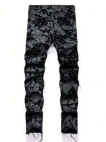Fashionable Tassel All-Over Print Casual Slim Fit Jeans For Teenagers - Black - View 4