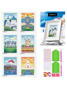 6 pezzi/set Dipinto di diamanti 5D con scenari di famosi monumenti, arte di diamanti fai-da-te, dimensione tela 14x18cm, senza cornice [confezione regalo]